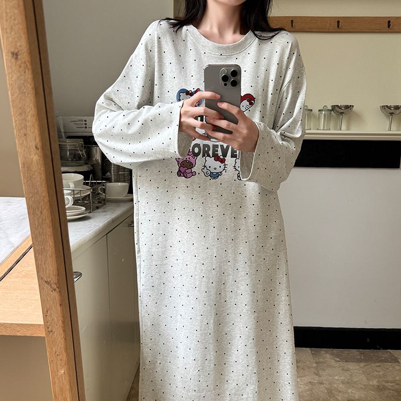 Női 100% pamut hosszú ujjú hálóruha, cartoon mintás, hosszú szoknya, kerek nyak, otthoni viselet