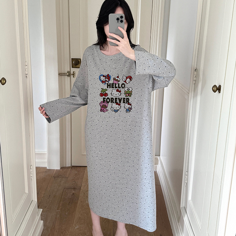 Női 100% pamut hosszú ujjú hálóruha, cartoon mintás, hosszú szoknya, kerek nyak, otthoni viselet
