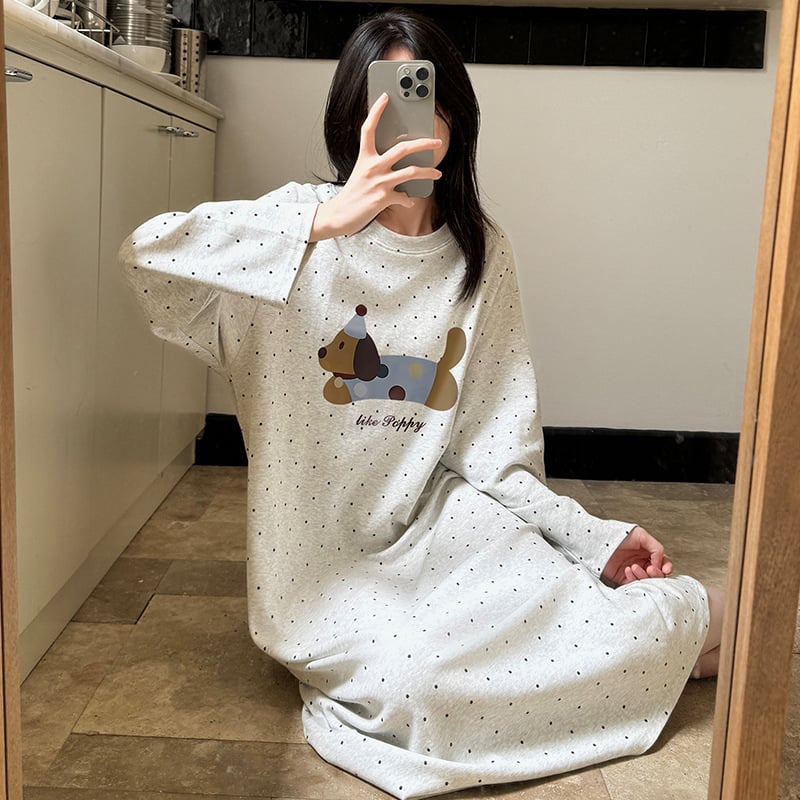 Női 100% pamut hosszú ujjú hálóruha, cartoon mintás, hosszú szoknya, kerek nyak, otthoni viselet