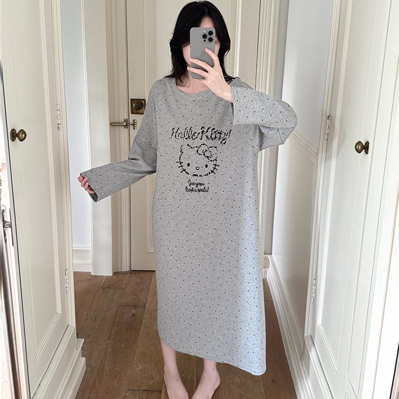 Női 100% pamut hosszú ujjú hálóruha, cartoon mintás, hosszú szoknya, kerek nyak, otthoni viselet