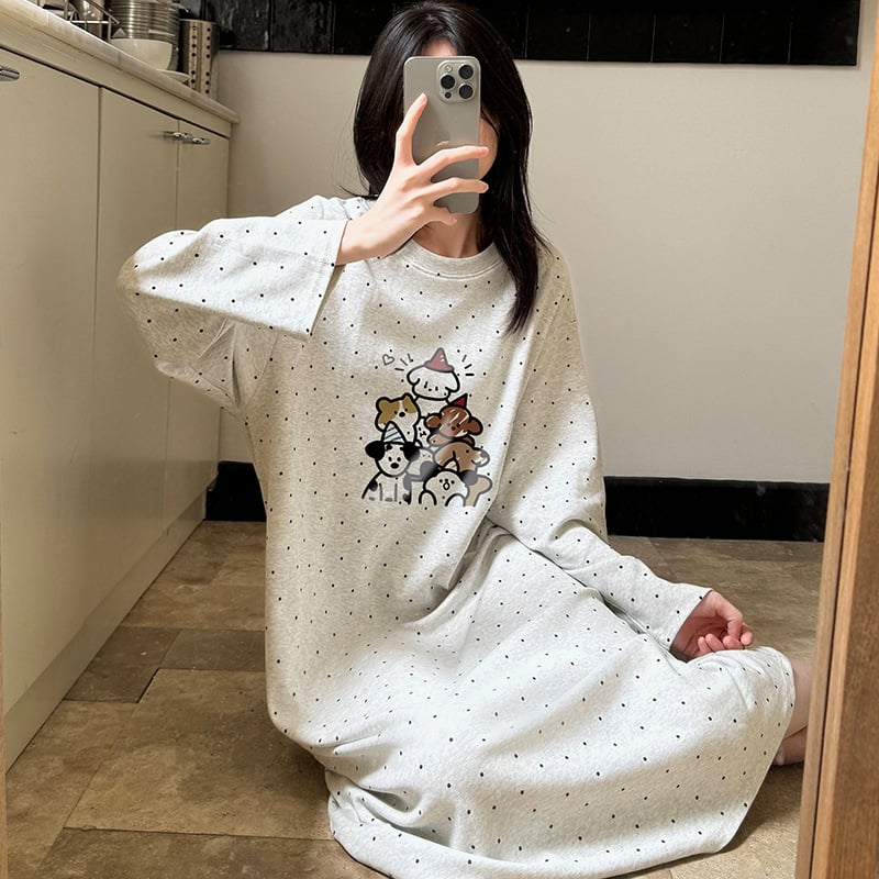 Női 100% pamut hosszú ujjú hálóruha, cartoon mintás, hosszú szoknya, kerek nyak, otthoni viselet