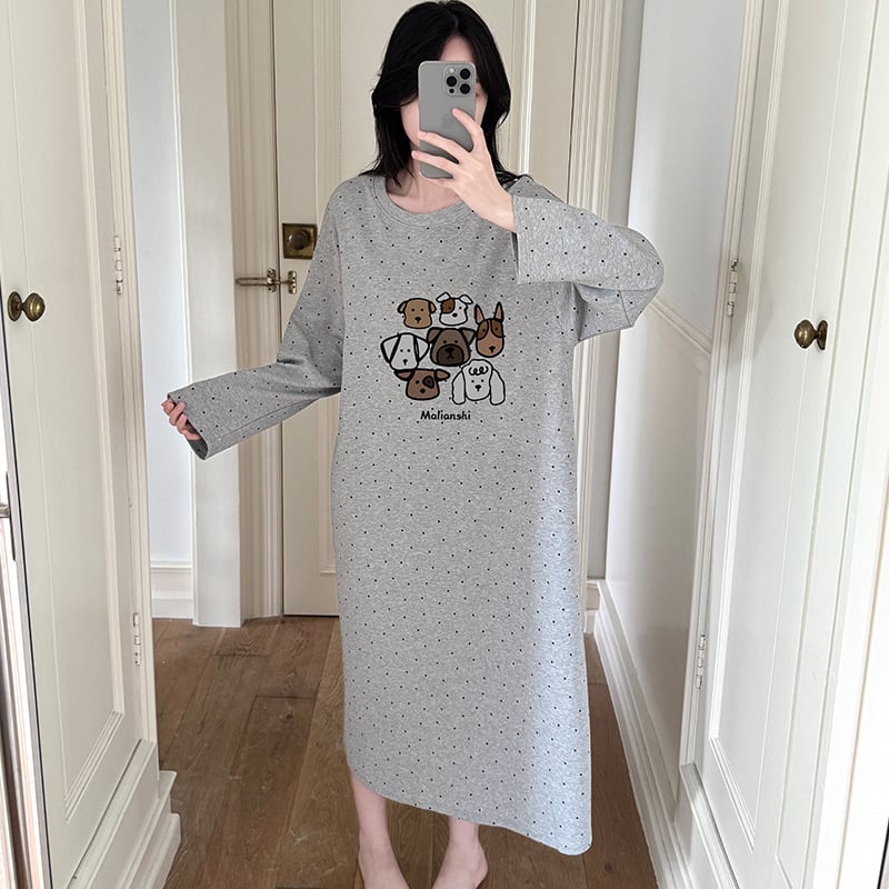 Női 100% pamut hosszú ujjú hálóruha, cartoon mintás, hosszú szoknya, kerek nyak, otthoni viselet