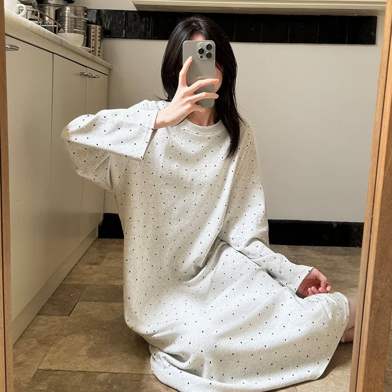 Női 100% pamut hosszú ujjú hálóruha, cartoon mintás, hosszú szoknya, kerek nyak, otthoni viselet