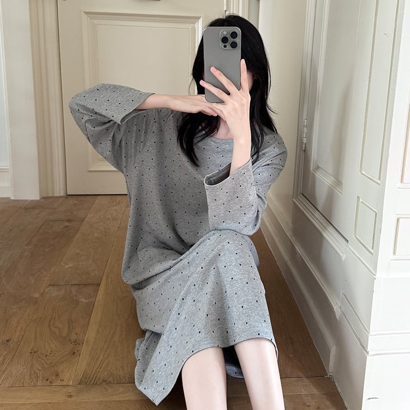 Női 100% pamut hosszú ujjú hálóruha, cartoon mintás, hosszú szoknya, kerek nyak, otthoni viselet