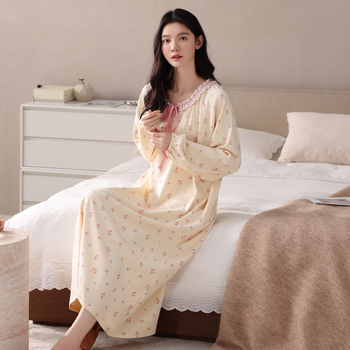 Νυχτικό από ελαστικό βαμβάκι για γυναίκες, μακριά μανίκια, στρογγυλός λαιμός, pull-over, μακρύ φόρεμα-φούστα, άνοιξη–φθινόπωρο, εγκυμοσύνη