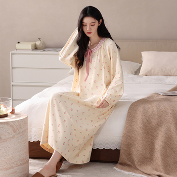 Νυχτικό από ελαστικό βαμβάκι για γυναίκες, μακριά μανίκια, στρογγυλός λαιμός, pull-over, μακρύ φόρεμα-φούστα, άνοιξη–φθινόπωρο, εγκυμοσύνη