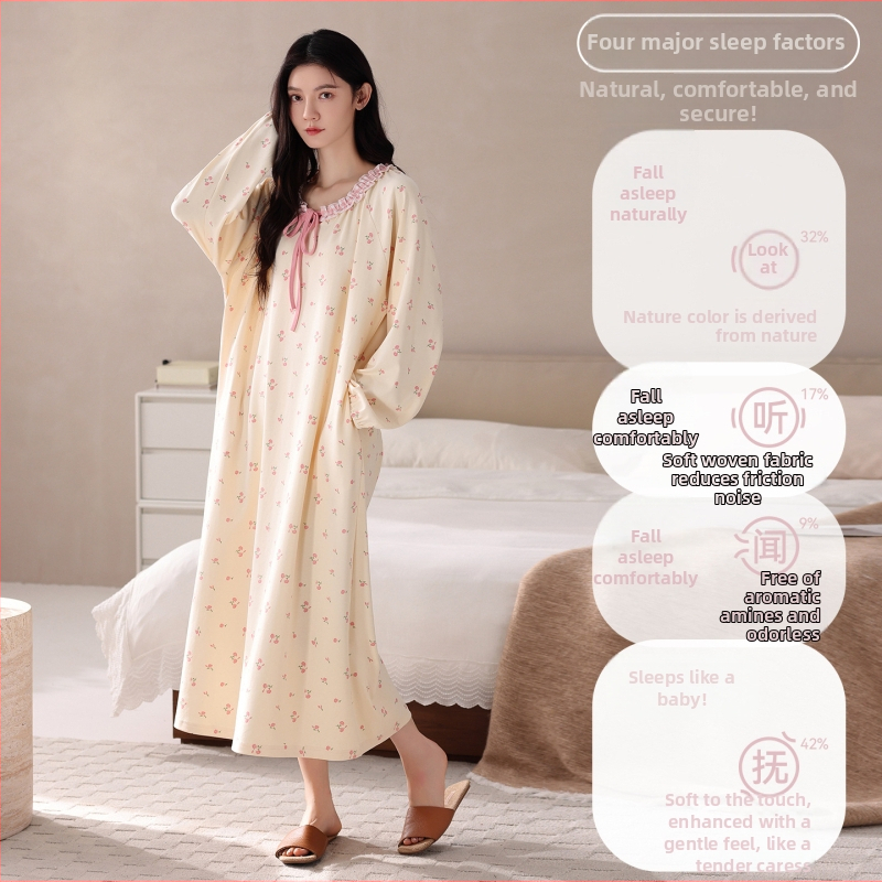Νυχτικό από ελαστικό βαμβάκι για γυναίκες, μακριά μανίκια, στρογγυλός λαιμός, pull-over, μακρύ φόρεμα-φούστα, άνοιξη–φθινόπωρο, εγκυμοσύνη