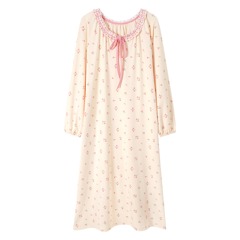 Νυχτικό από ελαστικό βαμβάκι για γυναίκες, μακριά μανίκια, στρογγυλός λαιμός, pull-over, μακρύ φόρεμα-φούστα, άνοιξη–φθινόπωρο, εγκυμοσύνη