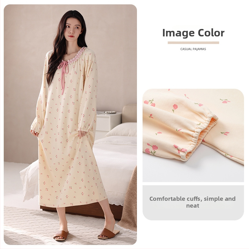 Νυχτικό από ελαστικό βαμβάκι για γυναίκες, μακριά μανίκια, στρογγυλός λαιμός, pull-over, μακρύ φόρεμα-φούστα, άνοιξη–φθινόπωρο, εγκυμοσύνη