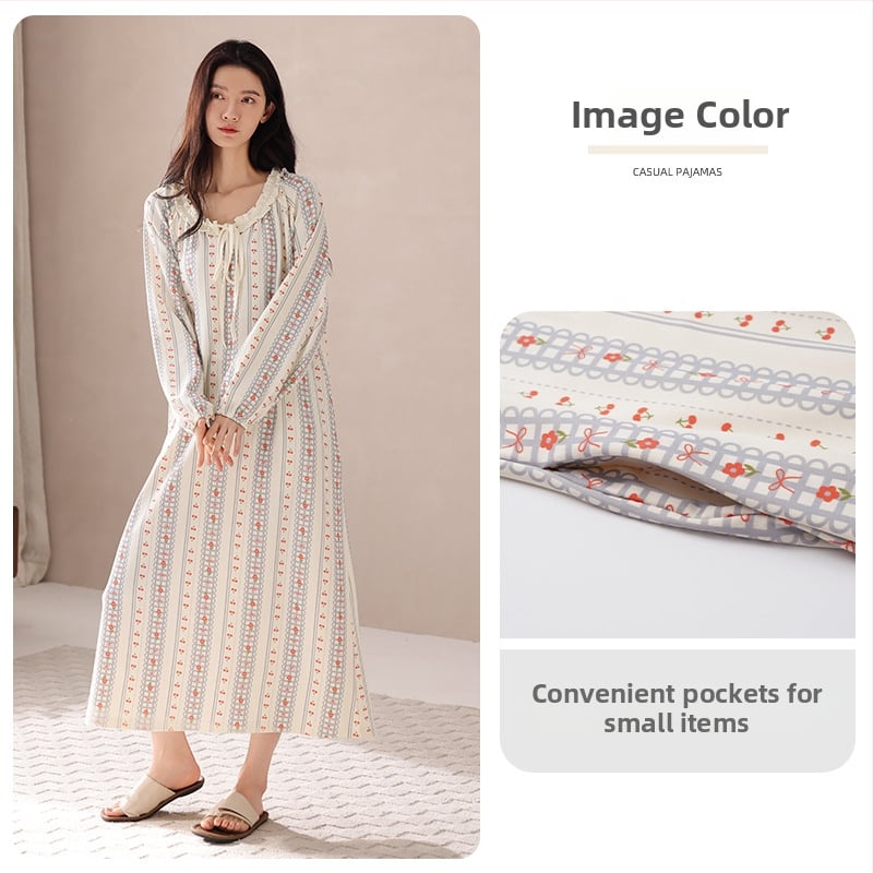 Νυχτικό από ελαστικό βαμβάκι για γυναίκες, μακριά μανίκια, στρογγυλός λαιμός, pull-over, μακρύ φόρεμα-φούστα, άνοιξη–φθινόπωρο, εγκυμοσύνη