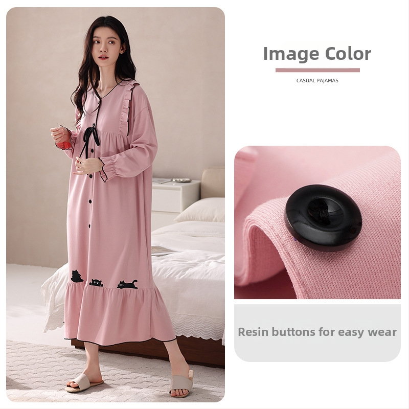 Νυχτικό από ελαστικό βαμβάκι για γυναίκες, μακριά μανίκια, στρογγυλός λαιμός, pull-over, μακρύ φόρεμα-φούστα, άνοιξη–φθινόπωρο, εγκυμοσύνη
