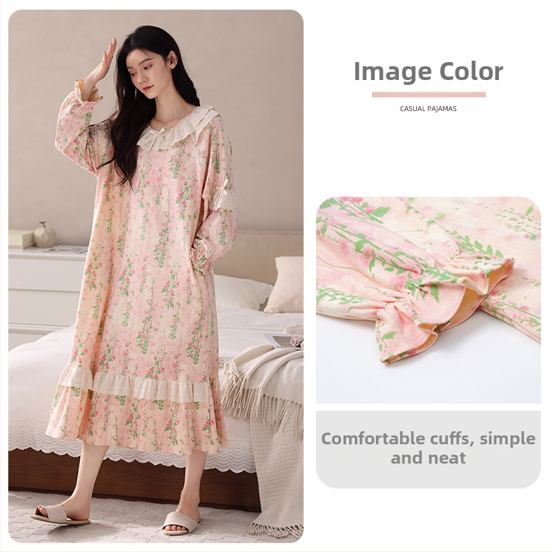 Νυχτικό από ελαστικό βαμβάκι για γυναίκες, μακριά μανίκια, στρογγυλός λαιμός, pull-over, μακρύ φόρεμα-φούστα, άνοιξη–φθινόπωρο, εγκυμοσύνη