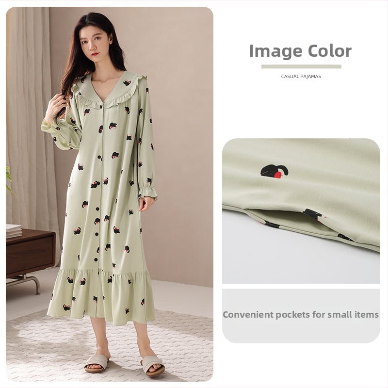 Νυχτικό από ελαστικό βαμβάκι για γυναίκες, μακριά μανίκια, στρογγυλός λαιμός, pull-over, μακρύ φόρεμα-φούστα, άνοιξη–φθινόπωρο, εγκυμοσύνη