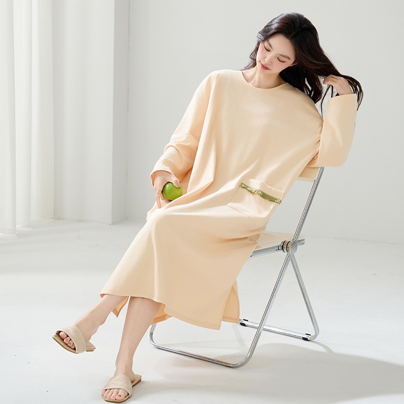 Αντιβακτηριακό νυχτικό με μακριά μανίκια από 100% βαμβάκι, ενιαίο κόψιμο, Κορεατικό στυλ