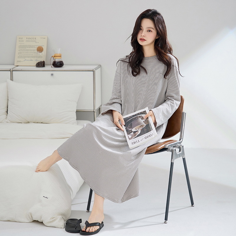 Αντιβακτηριακό νυχτικό με μακριά μανίκια από 100% βαμβάκι, ενιαίο κόψιμο, Κορεατικό στυλ