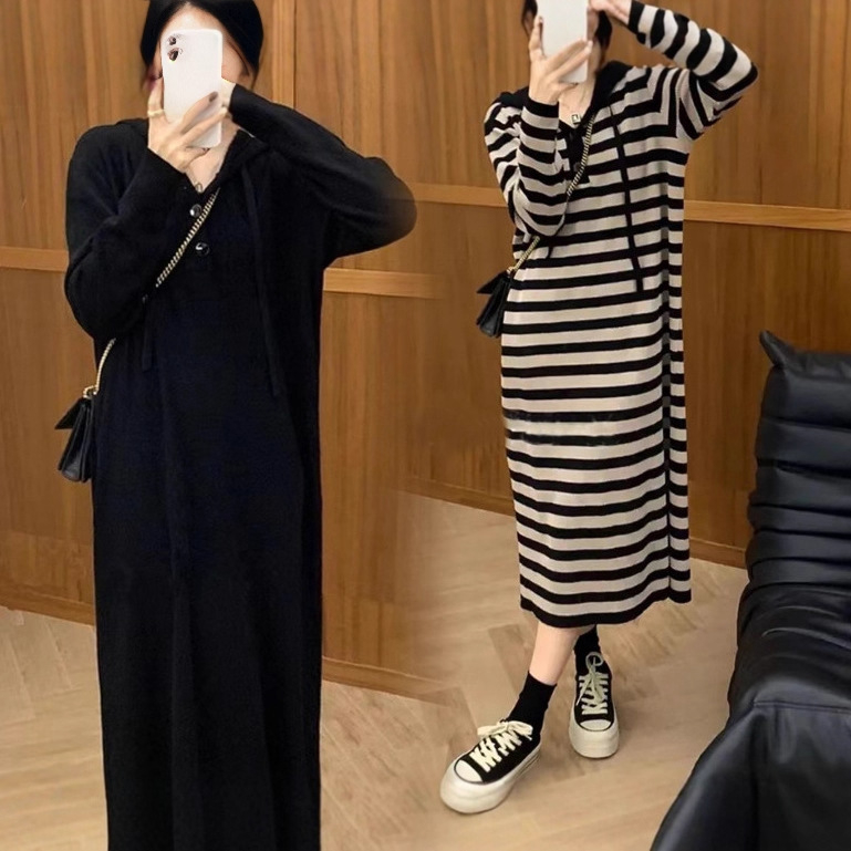 Haljina za trudnice s kapuljom, pletena, francuski ležerni retro stil, udoban kroj, jesen moda, prugasta