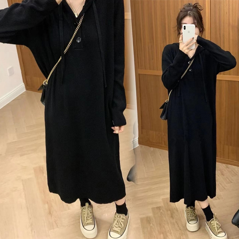Haljina za trudnice s kapuljom, pletena, francuski ležerni retro stil, udoban kroj, jesen moda, prugasta