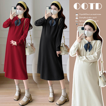 Rochie maternitate tricotată cu guler rotund, mâneci lungi, material din bumbac, lungime midi