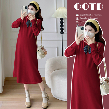 Rochie maternitate tricotată cu guler rotund, mâneci lungi, material din bumbac, lungime midi