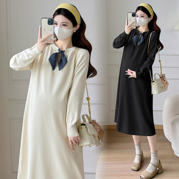 Rochie maternitate tricotată cu guler rotund, mâneci lungi, material din bumbac, lungime midi