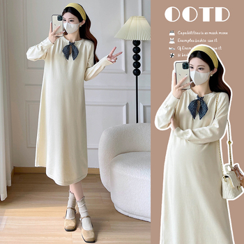 Rochie maternitate tricotată cu guler rotund, mâneci lungi, material din bumbac, lungime midi