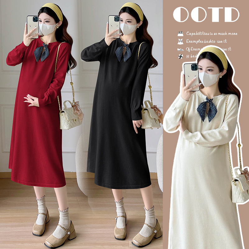 Rochie maternitate tricotată cu guler rotund, mâneci lungi, material din bumbac, lungime midi