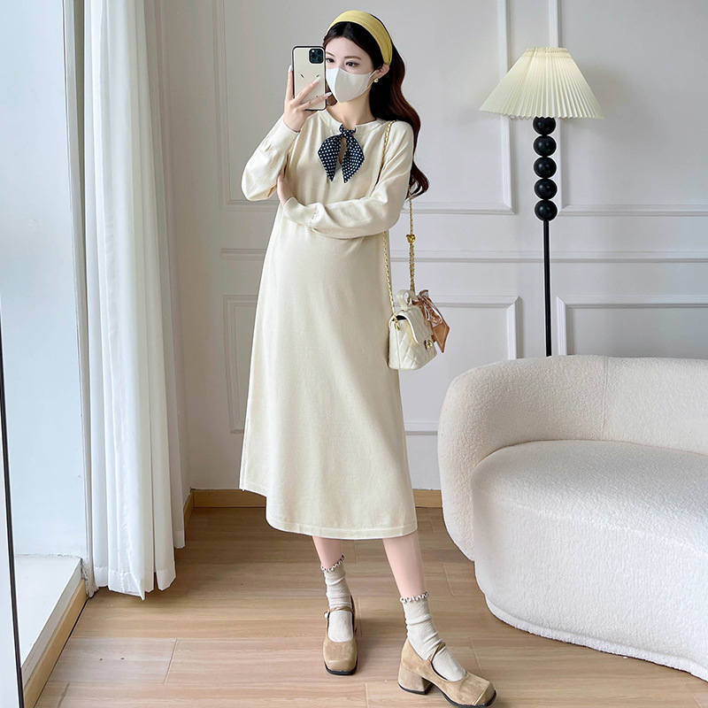 Rochie maternitate tricotată cu guler rotund, mâneci lungi, material din bumbac, lungime midi