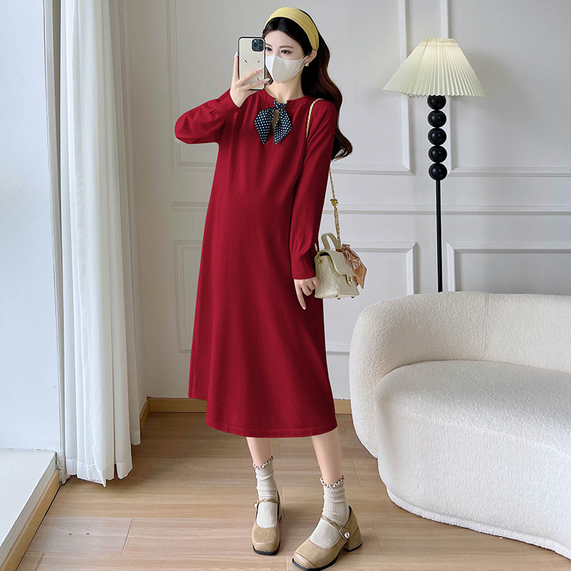 Rochie maternitate tricotată cu guler rotund, mâneci lungi, material din bumbac, lungime midi