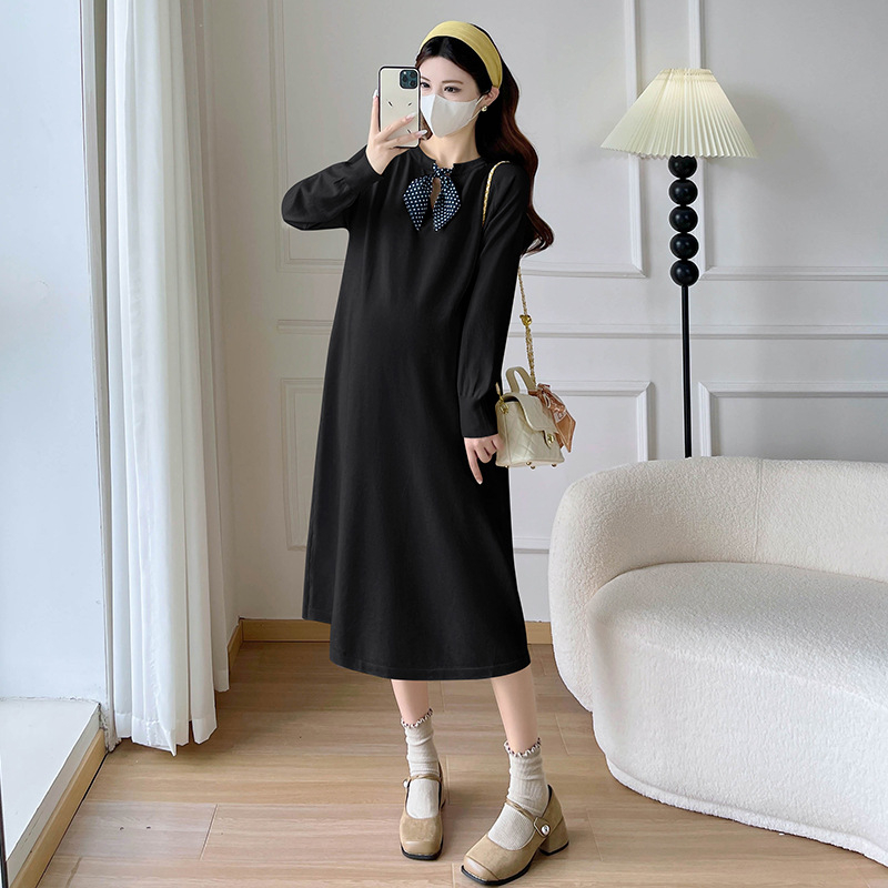 Rochie maternitate tricotată cu guler rotund, mâneci lungi, material din bumbac, lungime midi