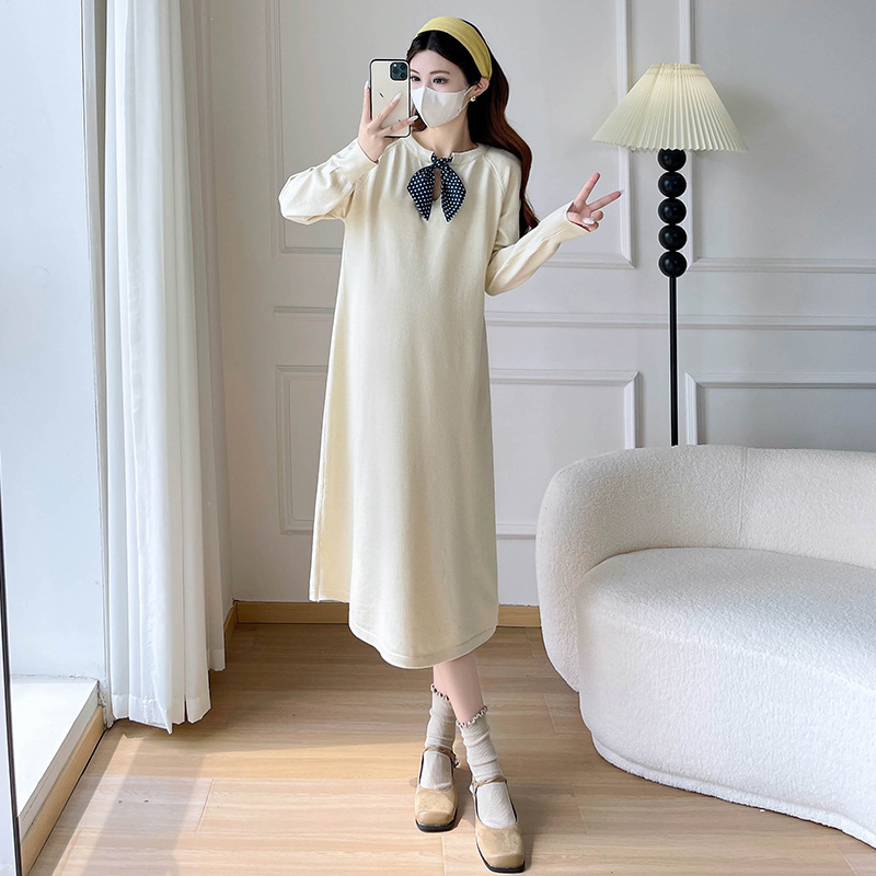 Rochie maternitate tricotată cu guler rotund, mâneci lungi, material din bumbac, lungime midi