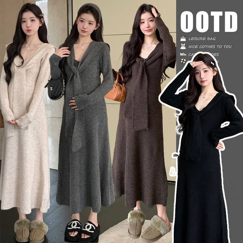 Средна дължина рокля за бременни с V-образно деколте, дълги ръкави, едноцветна, смес акрил и еластан (70–80% акрил, под 30% еластан), Зимна колекция 2025