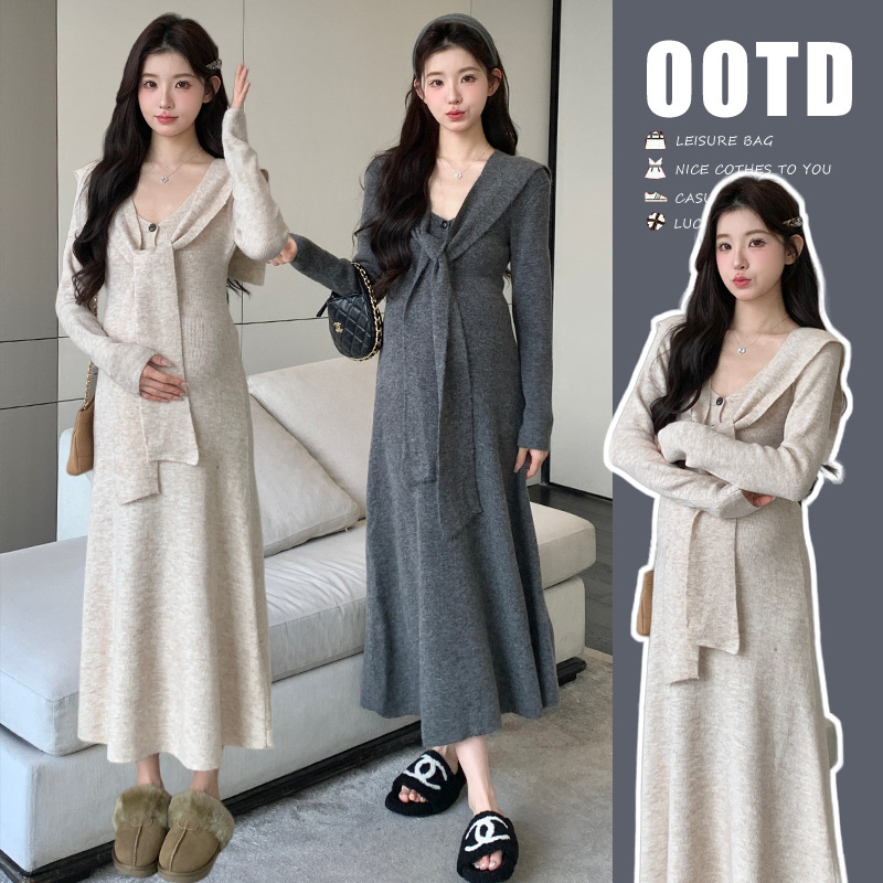 Средна дължина рокля за бременни с V-образно деколте, дълги ръкави, едноцветна, смес акрил и еластан (70–80% акрил, под 30% еластан), Зимна колекция 2025