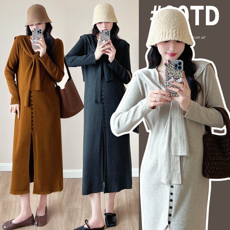 Есенна плетена рокля 2024 г. с V-образно деколте, дълги ръкави и А-линия, средна дължина.