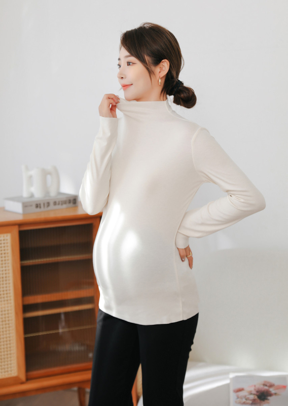 Kismama kötött felső, koreai stílus, magas rugalmasság, magas gallér, hosszú ujjú, közepes hosszúságú, modal anyag, 95% viszkóz.