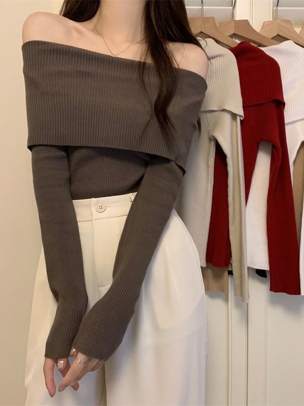 Pulover tricotat pentru femei cu decolteu off-shoulder – mâneci lungi, poliester 95%+, lungime 50–65 cm