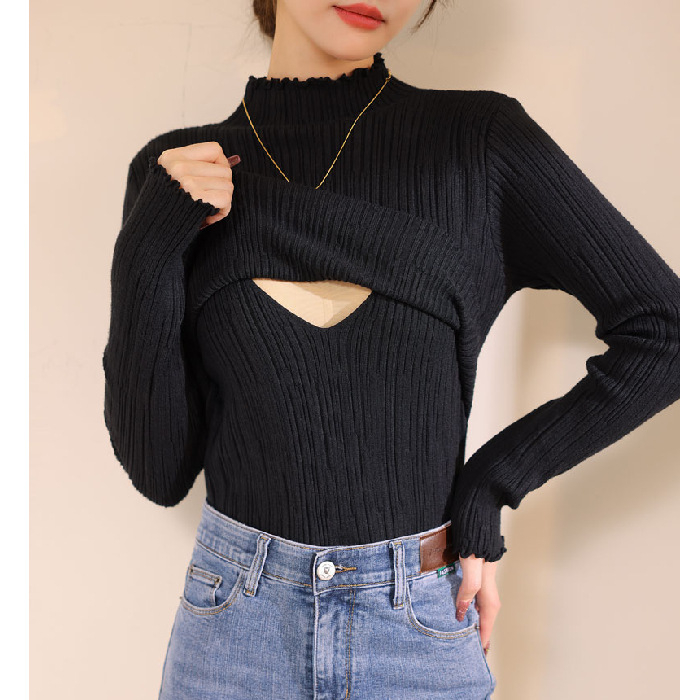 Szoptatós kismama pulóver álló gallérral, hosszú ujjú, szoptatási nyílással, pamut-akril keverékből készült, 30–50% akril