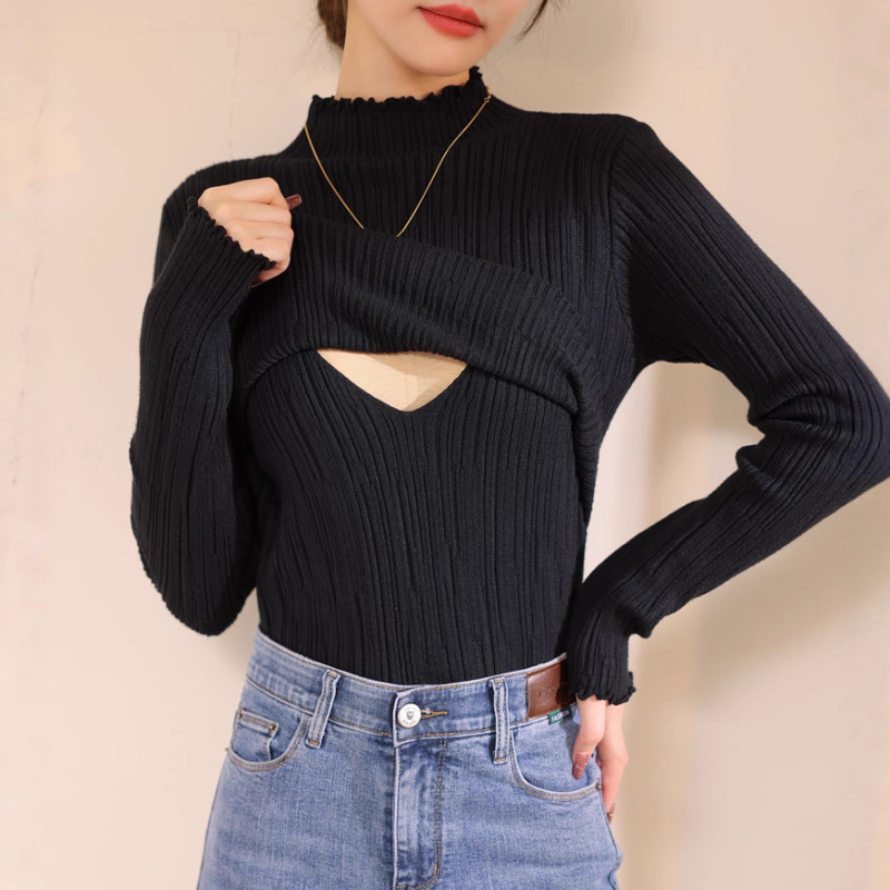 Szoptatós kismama pulóver álló gallérral, hosszú ujjú, szoptatási nyílással, pamut-akril keverékből készült, 30–50% akril