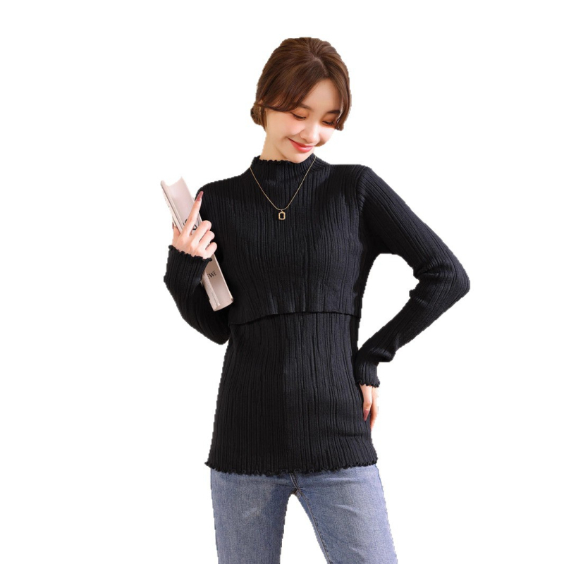 Szoptatós kismama pulóver álló gallérral, hosszú ujjú, szoptatási nyílással, pamut-akril keverékből készült, 30–50% akril