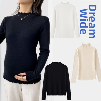 Kismama póló dupla oldalsó bolyhos Chenille belső résszel, őszi-téli melegítéshez, fél magas gallér, 3/4 hosszú ujjú, Spandex-tartalom 50–70%