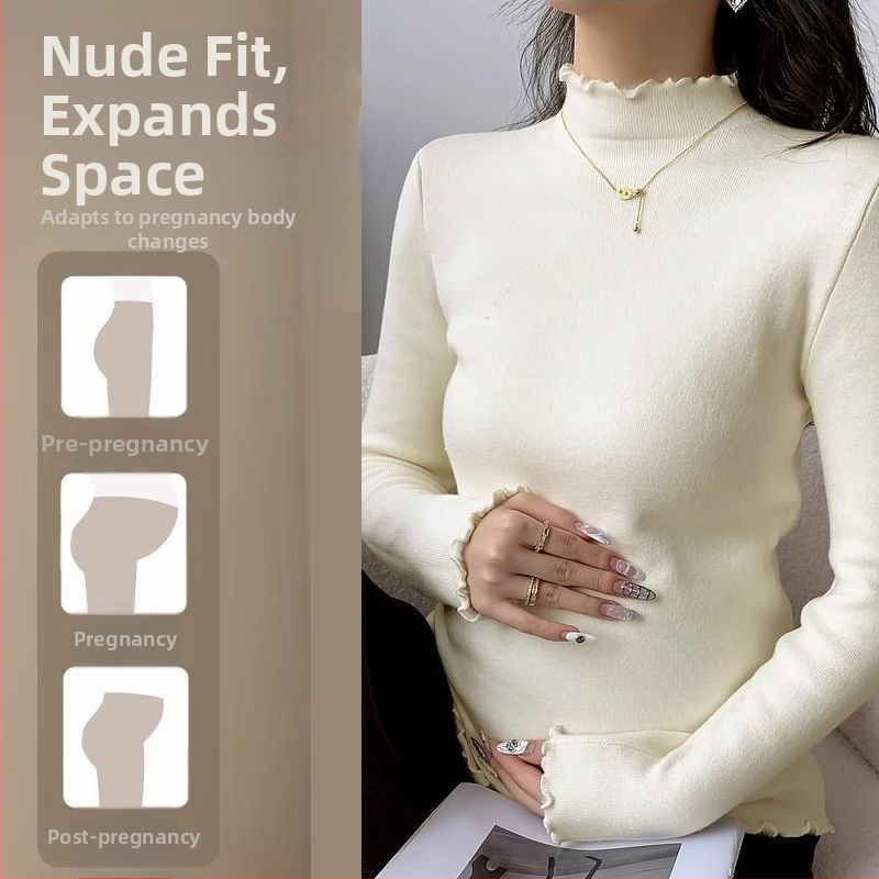 Tehotenské tričko s dvojstranným česaným Chenille vnútorným dielom pre jeseň-zimu, poloturtleneck golier, 3/4 rukávy, Spandex 50–70%