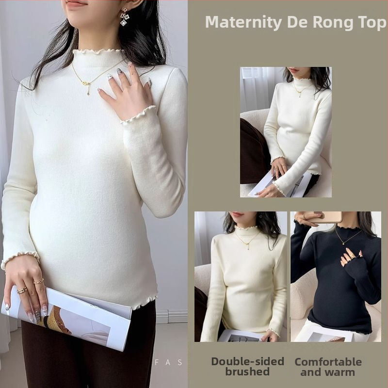 Tehotenské tričko s dvojstranným česaným Chenille vnútorným dielom pre jeseň-zimu, poloturtleneck golier, 3/4 rukávy, Spandex 50–70%
