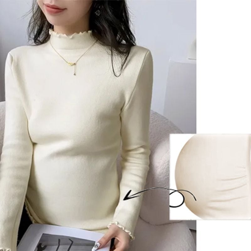 Kismama póló dupla oldalsó bolyhos Chenille belső résszel, őszi-téli melegítéshez, fél magas gallér, 3/4 hosszú ujjú, Spandex-tartalom 50–70%