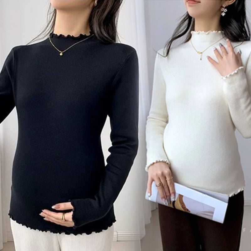 Kismama póló dupla oldalsó bolyhos Chenille belső résszel, őszi-téli melegítéshez, fél magas gallér, 3/4 hosszú ujjú, Spandex-tartalom 50–70%