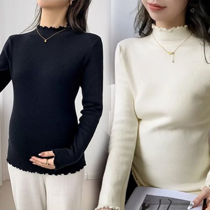 Kismama póló dupla oldalsó bolyhos Chenille belső résszel, őszi-téli melegítéshez, fél magas gallér, 3/4 hosszú ujjú, Spandex-tartalom 50–70%