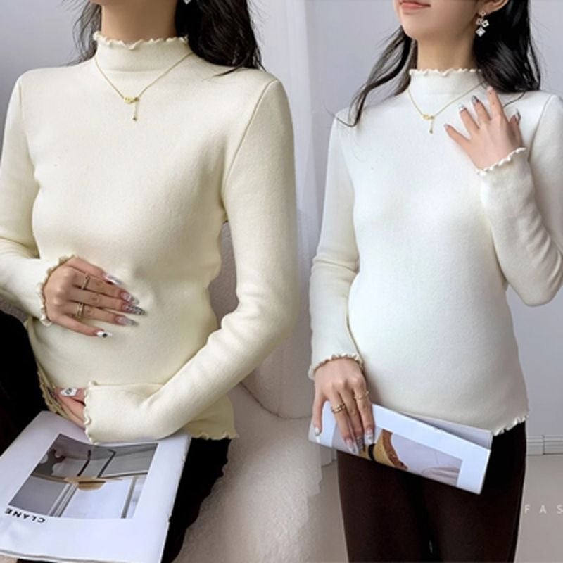 Kismama póló dupla oldalsó bolyhos Chenille belső résszel, őszi-téli melegítéshez, fél magas gallér, 3/4 hosszú ujjú, Spandex-tartalom 50–70%