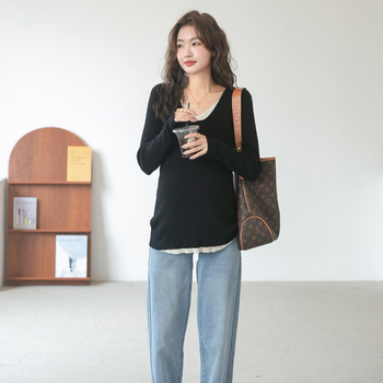 Kismama kötött felső V-nyakkal, hosszú ujjú, pamut, panelos mintázat, 50-70% pamut