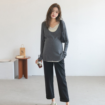 Kismama kötött felső V-nyakkal, hosszú ujjú, pamut, panelos mintázat, 50-70% pamut