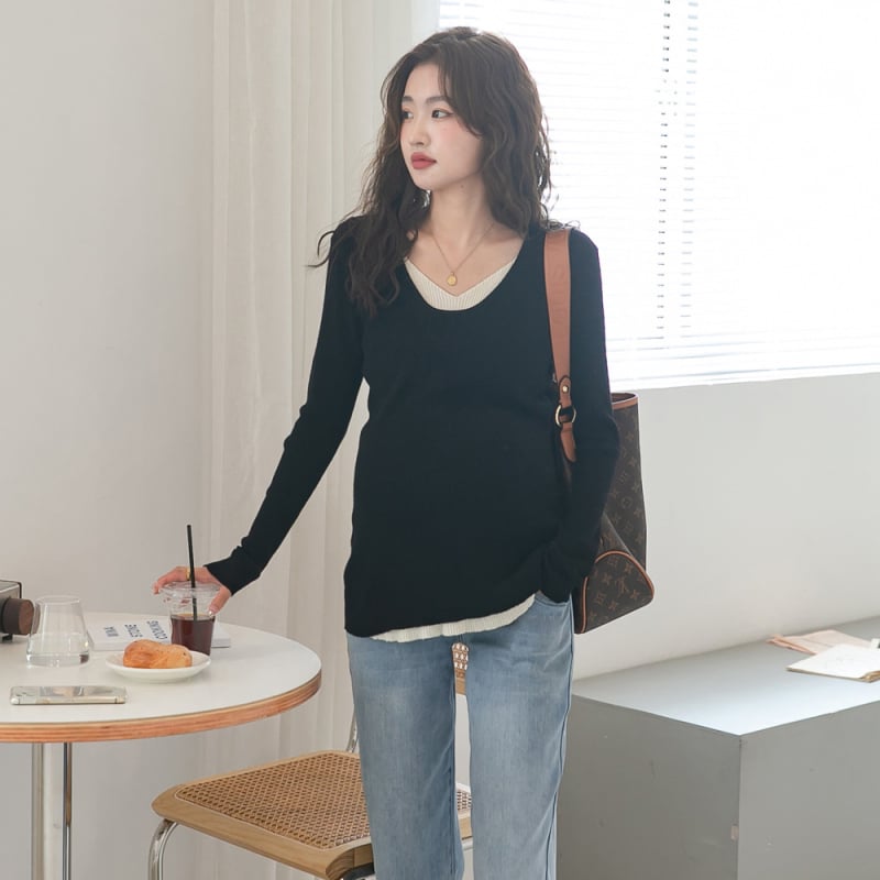 Kismama kötött felső V-nyakkal, hosszú ujjú, pamut, panelos mintázat, 50-70% pamut