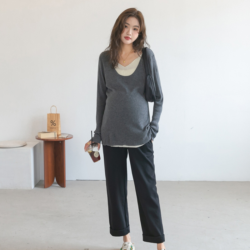 Kismama kötött felső V-nyakkal, hosszú ujjú, pamut, panelos mintázat, 50-70% pamut