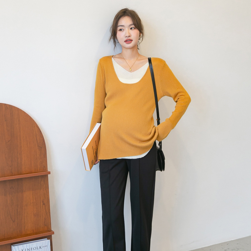 Kismama kötött felső V-nyakkal, hosszú ujjú, pamut, panelos mintázat, 50-70% pamut